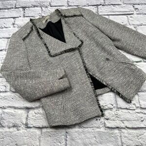 Ann Taylor Loft Womens Tweed Open Front Blazer Black White Fringe Trim Size 4